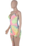 Summer Tie Dye Ruched Strings Strap Mini Bodycon Dress