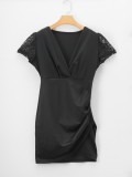 Summer Black Classy Wrap Ruched Mini Dress with Lace Sleeves
