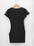 Summer Black Classy Wrap Ruched Mini Dress with Lace Sleeves