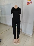 Summer Casual Black Crop Top and Stacked Pants 2pc Matching Set