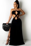 Summer Sexy Black Cut Out Slit Halter Long Party Dress