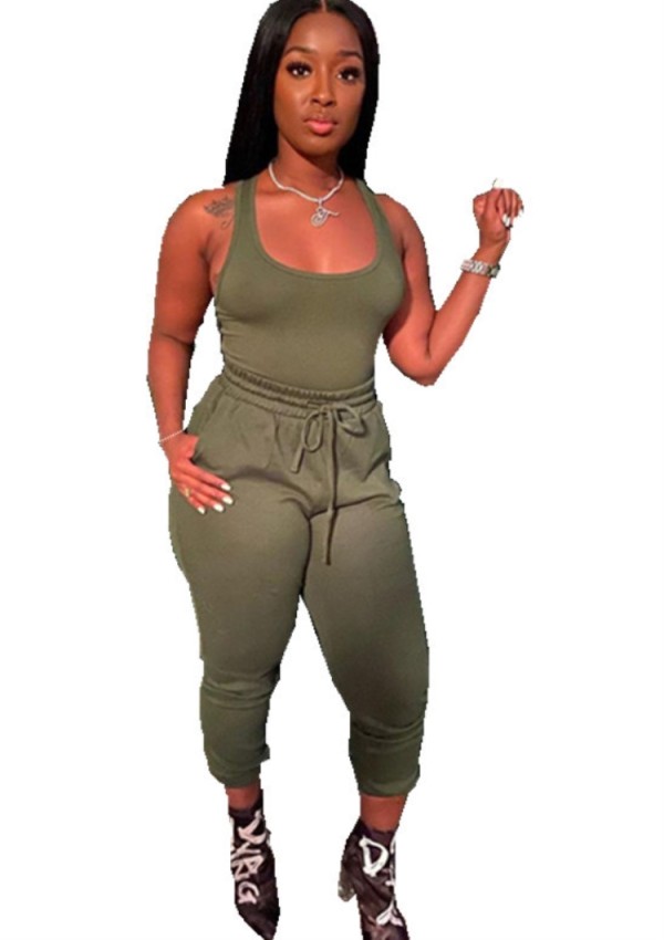 Summer Casual Green Vest and Sweatpants 2pc Set