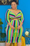 Summer Plus Size Rainbow Strapless Midi Dress
