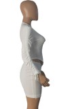 Summer White Ruched Long Sleeve Crop Top and Mini Skirt Set