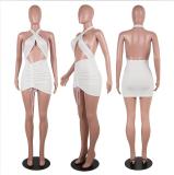 Summer White Sexy Cut Out Ruched Strings Mini Dress