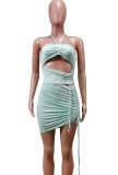 Summer Sexy Hollow Out Ruched Strings Halter Mini Club Dress