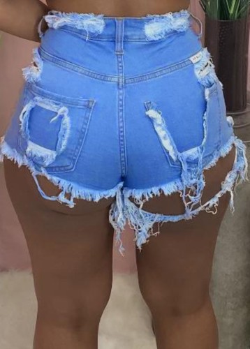 Pantalones cortos de mezclilla de cintura alta rasgados sexy azul cielo de verano