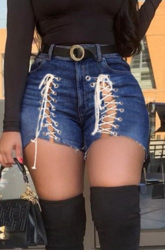 Summer Sexy Schnür-Dunkelblaue Jeansshorts mit hoher Taille