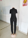 Summer Casual Black Crop Top and Stacked Pants 2pc Matching Set