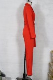Spring Classy Red Deep-V Formal Long Sleeve Jumpsuit with Matching Belt