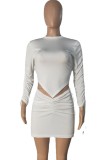 Summer White Ruched Long Sleeve Crop Top and Mini Skirt Set