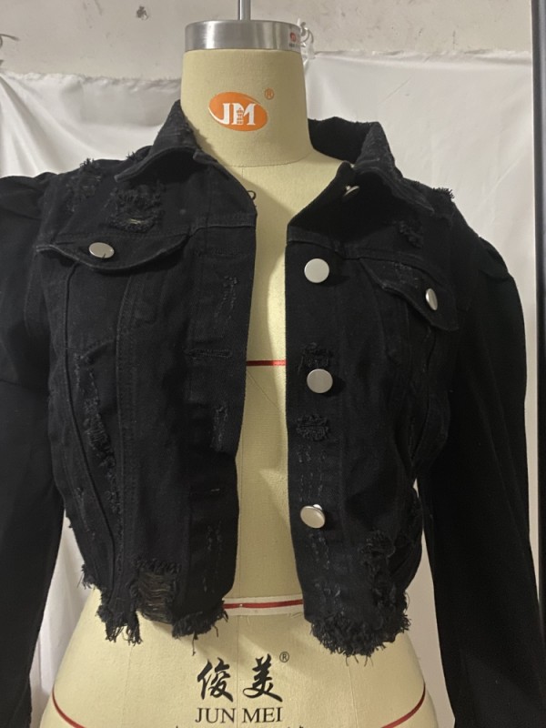 Wholesale Casual Black Long Sleeve Ripped Short Denim Jacket | Global Lover