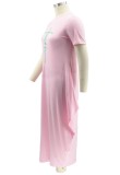 Summer Plus Size Casual Pink Print O-Neck Long Dress