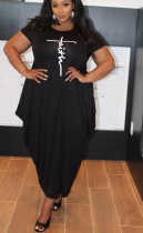 Summer Plus Size Casual Black Print O-Neck Long Dress