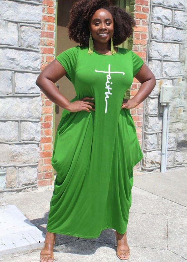 Summer Plus Size Casual Green Print O-Neck Long Dress