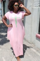 Summer Plus Size Casual Pink Print O-Neck Long Dress