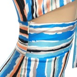 Summer Sexy Stripes Print Cut Out Knotted Strap Bodycon Jumpsuit