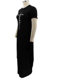 Summer Plus Size Casual Black Print O-Neck Long Dress