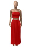 Summer Casual Red Strapless Crop Top and Long Skirt 2pc Set