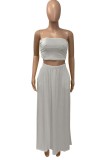 Summer Casual Grey Strapless Crop Top and Long Skirt 2pc Set