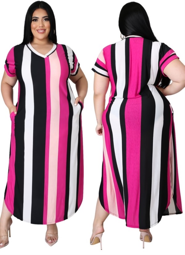 Summer Plus Size Wide Stripes Colorful Long Casual Dress
