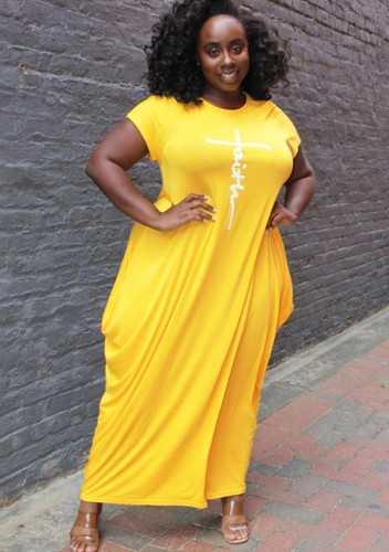 Summer Plus Size Casual Yellow Print O-Neck Long Dress
