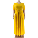 Summer Plus Size Yellow Knot Crop Top and Long Skirt Set