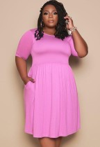 Sommer Plus Size Casual Pink O-Ausschnitt Skater Kleid