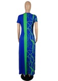 Summer Casual V-Neck Print Blue Long Dress