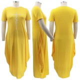 Summer Plus Size Casual Yellow Print O-Neck Long Dress