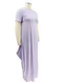 Summer Plus Size Casual Purple Print O-Neck Long Dress