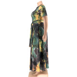 Summer Plus Size Tie Dye Knot Crop Top and Long Skirt Set