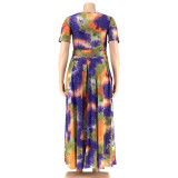 Summer Plus Size Tie Dye Knot Crop Top and Long Skirt Set