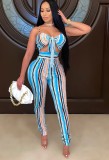 Summer Sexy Stripes Print Cut Out Knotted Strap Bodycon Jumpsuit