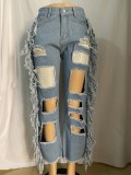 Summer Street Style Cut Out Fringe Blue Jeans