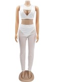 Summer White Mesh Patch Sexy Crop Top and Pants 2pc Set