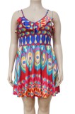 Summer Plus Size Print Colorful Strap Skater Dress