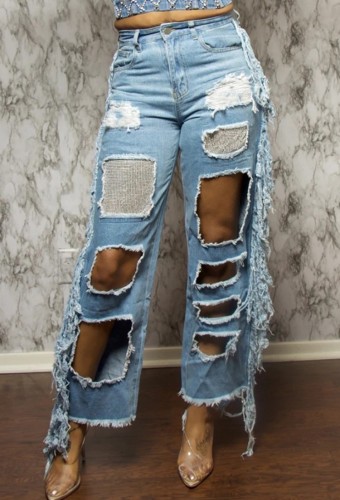 Zomer Street Style Cut Out Fringe Blue Jeans
