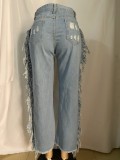 Summer Street Style Cut Out Fringe Blue Jeans