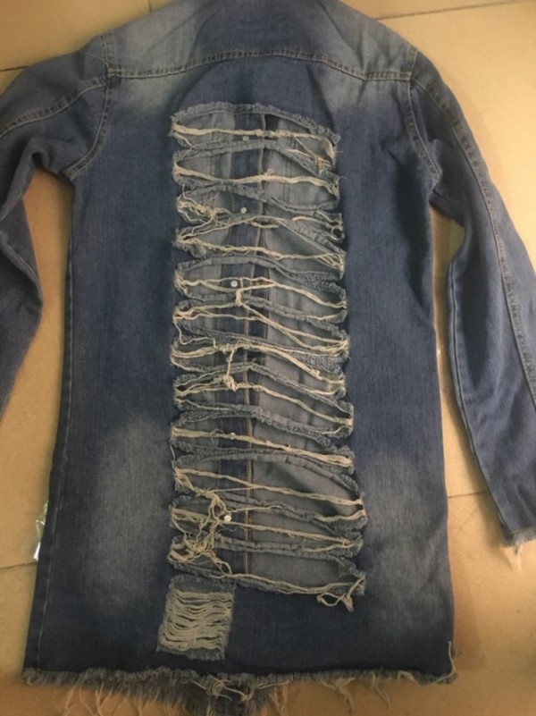 Wholesale Spring Dark Blue Ripped Fringe Long Denim Jacket | Global Lover