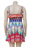 Summer Plus Size Print Colorful Strap Skater Dress