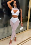 Summer White Mesh Patch Sexy Crop Top and Pants 2pc Set
