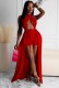 Summer Red Wrap Long Halter Top and Shorts Set