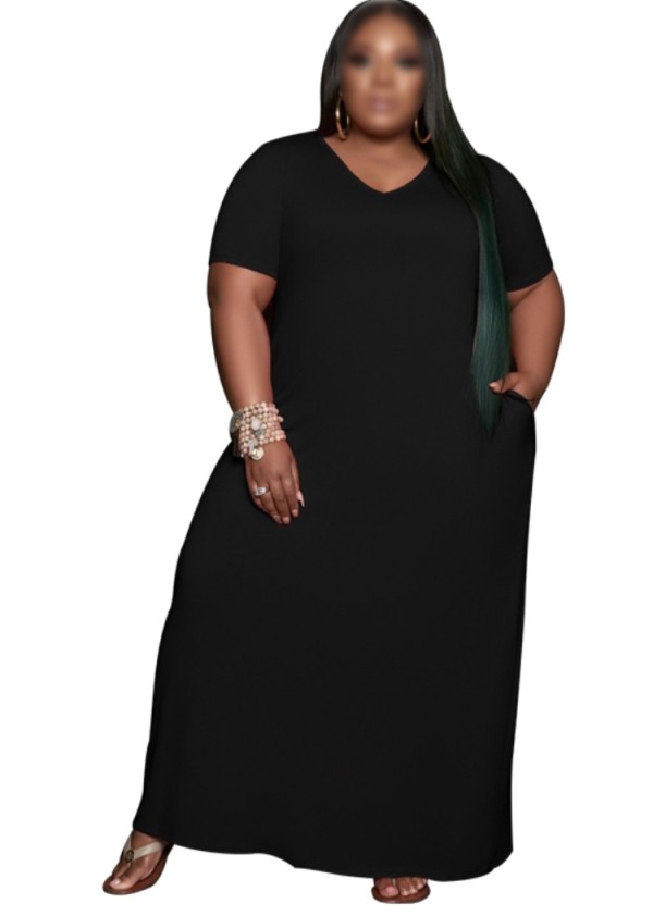 Wholesale Summer Plus Size Black V-Neck Long Shirt Dress | Global Lover