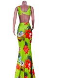 Summer Floral Green Crop Top and Long Skirt Set