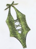 One-Piece Green Snake Skin Print Lace-Up Swimwear