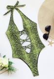 One-Piece Green Snake Skin Print Lace-Up Swimwear