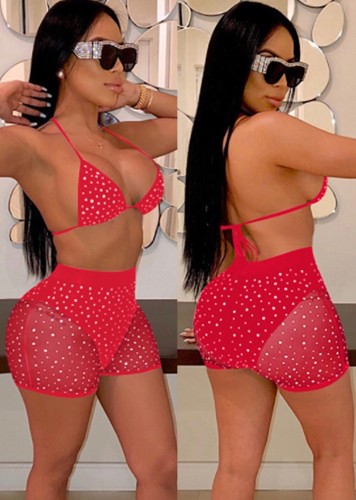 Summer Red Sexy Beaded Bra and Shorts Set