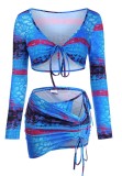 Summer Print Colorful 3PC Crop Top and Skort Set with Panty