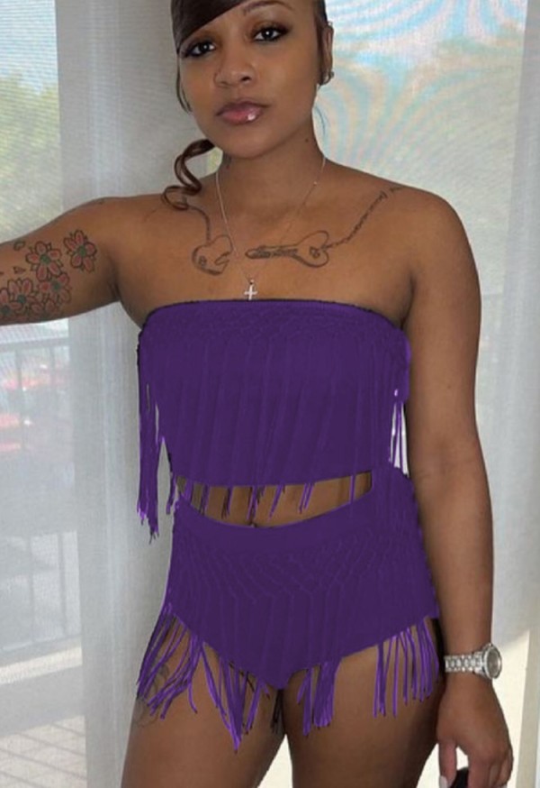 Summer Sexy Purple Fringe Strapless Crop Top and High Cut Shorts Set